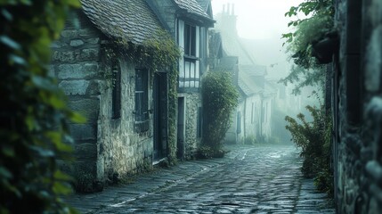 a quaint European village street, with cobblestone paths and charming old buildings partially obscured by fog on blurred background
