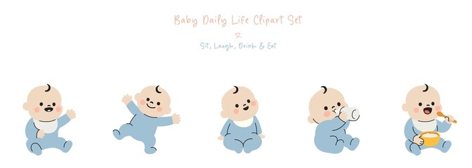 Baby Daily Life Clipart Set – Sit, Laugh, Drink & Eat| PNG Transparent Background