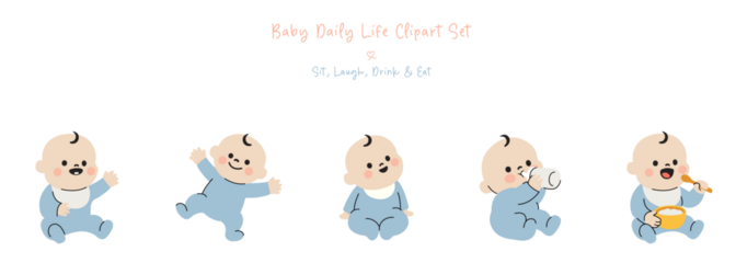 Baby Daily Life Clipart Set – Sit, Laugh, Drink & Eat| PNG Transparent Background