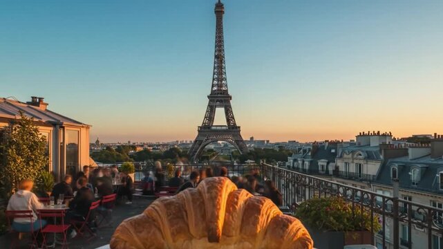 Rooftop view featuring a croissant cafe patrons Eiffel Tower and Paris cityscape during the evening