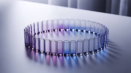 A circular arrangement of translucent purple and blue glass-like pillars casting long shadows, an abstract concept for technology and data connectivity