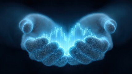 Close-up of hands surrounded by glowing holographic candlestick charts arrows and neon infographics in a futuristic financial space.