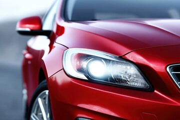 A close-up of a shiny red car with its headlight turned on, showcasing the sleek and modern vehicle design