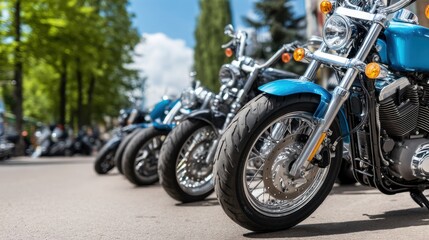 A row of shiny blue motorcycles parked outdoors on a sunny day, surrounded by trees and blurred background activity