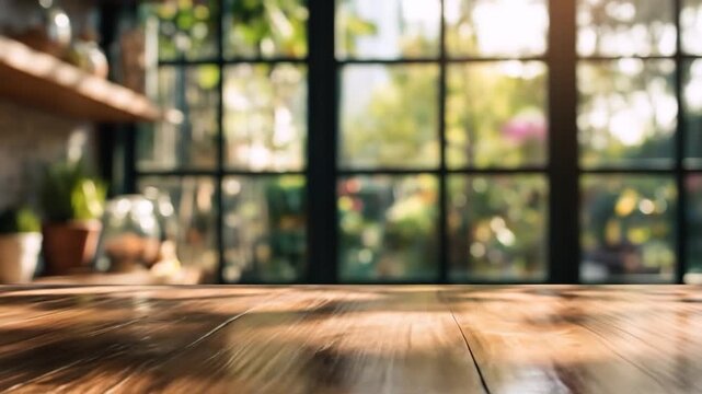 Warm natural light illuminates an empty rustic wooden table surface with a blurred green window