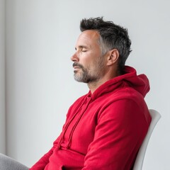 Fototapeta premium A man in a red hoodie sits peacefully with eyes closed, appearing calm and relaxed against a neutral background