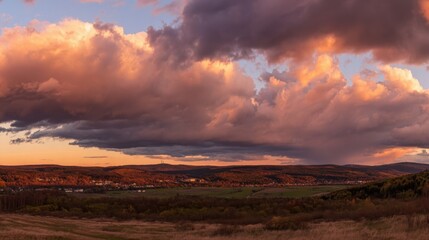 peace. A breathtaking sunset sky panorama with vibrant warm hues and glowing clouds. inspiring travel planning, travel magazines, designed for travel destination branding, inspires travel planning.