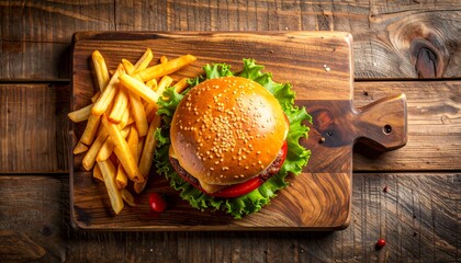 Top down view of a delicious classic cheeseburger with golden french fries served on a rustic wooden cutting board