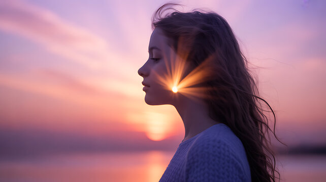 Silhouette of a woman in profile at sunset with sunburst effect behind her head