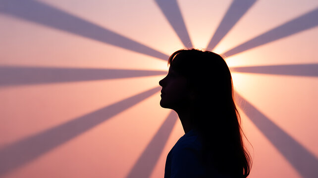 Silhouette of a woman in profile against a radiant, sunburst-patterned background with warm tones.
