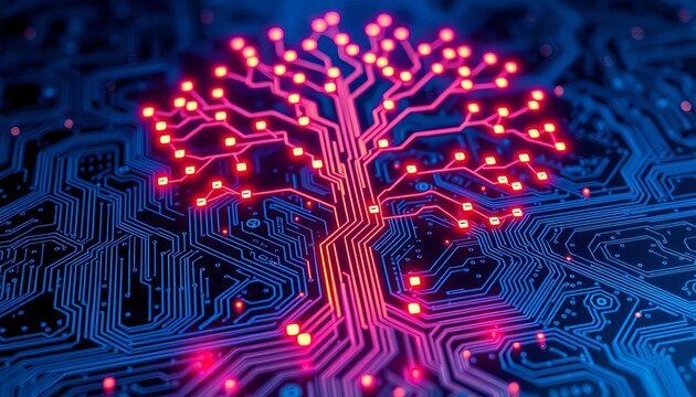 Futuristic tree-like data structure on a dark blue circuit board, glowing nodes representing internet connection,  design,  future - Powered by Adobe