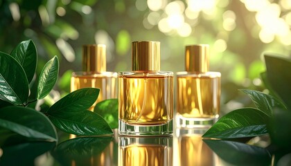Luxurious Perfume Bottles with Greenery: Elegant Fragrance, Nature-Inspired, Golden Light.