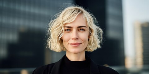 Confident Young Woman with Short Blonde Hair Against Urban Background