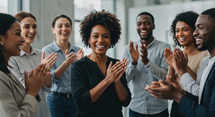 Celebration of achievement office team applauding a colleague modern workplace group positive vibes