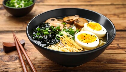 Savory broth, noodles, egg, mushrooms