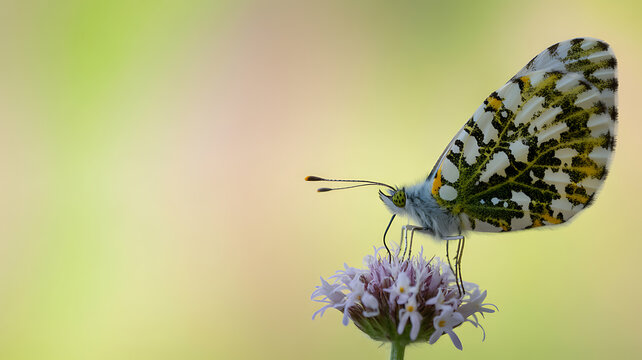 A butterfly with patterned wings perches on a small purple flower against a soft green background.