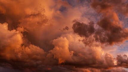 Fototapeta premium peace. A breathtaking sunset sky panorama with vibrant warm hues and glowing clouds. inspiring travel planning, travel magazines, designed for travel destination branding, inspires travel planning.