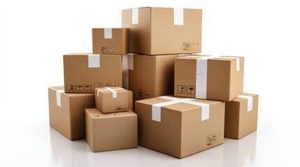 Fototapeta premium A group of cardboard boxes of various sizes stacked together on a white background, ready for shipping or moving