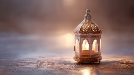 A decorative, ornate lantern with intricate patterns glows warmly on a textured surface, creating a peaceful and inviting ambiance
