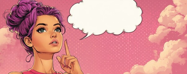 Comic-style pop art girl with purple hair pondering with a thought bubble in a vibrant pink background