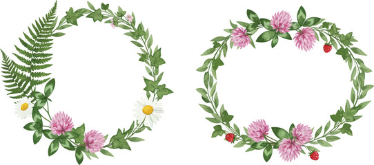 Two floral wreaths composed of ferns clovers and berries on transparent background