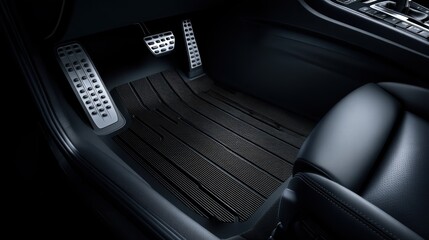 Obraz premium Car interior showing metallic accelerator, brake, and clutch pedals with a black rubber floor mat and leather seat