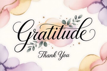 Elegant 'Gratitude Thank You' script with soft watercolor accents and delicate floral elements, perfect for expressing heartfelt appreciation and warm sentiments.