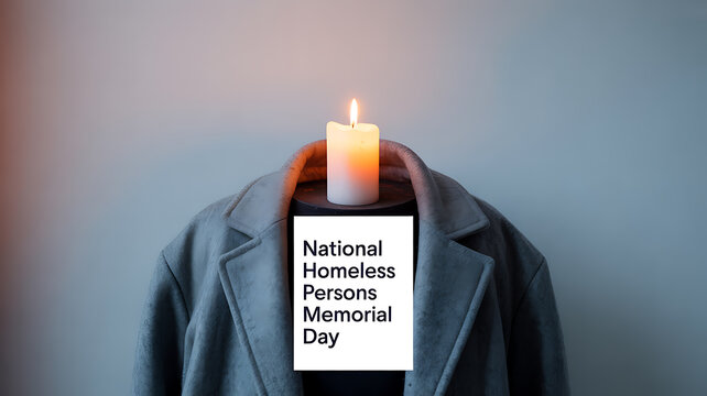 A coat with a lit candle in place of a head, commemorating National Homeless Persons Memorial Day