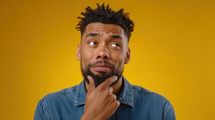 A thoughtful man with a beard and denim shirt ponders with hand on chin against a vibrant yellow background
