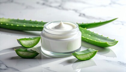 Luxurious Aloe Vera Cream:  Natural Skincare, Glass Jar, Marble Background, Soft Lighting