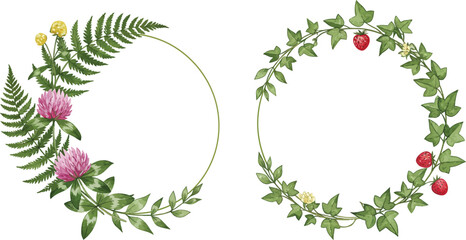 Watercolor fern ivy and clover wreath designs on transparent background