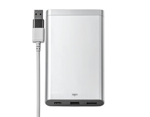 Portable Power Bank Angled Side View with USB Cables Connected, isolated