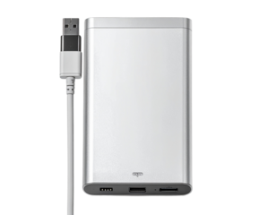 Portable Power Bank Angled Side View with USB Cables Connected, isolated