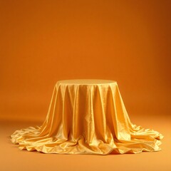 Elegant golden draped fabric covering a round pedestal against a warm orange background
