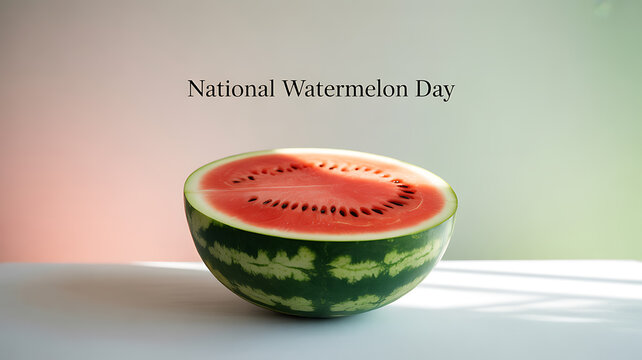 A halved watermelon on a table with a soft gradient background, celebrating National Watermelon Day