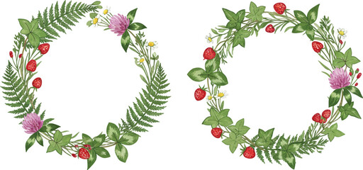 Two watercolor wreaths featuring wildflowers berries and fern leaves on transparent background