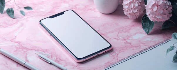 Mockup of a blank iPhone screen on a pink marble surface with flowers, notepad, and pen creating a soft, creative workspace atmosphere.