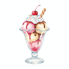 Watercolor Ice Cream Sundae with Whipped Cream and Cherry on White Background