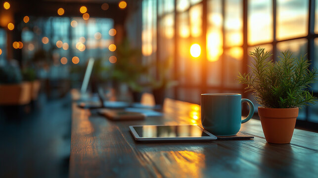 A laptop, tablet, and coffee mug with a team meeting of professionals brainstorming ideas