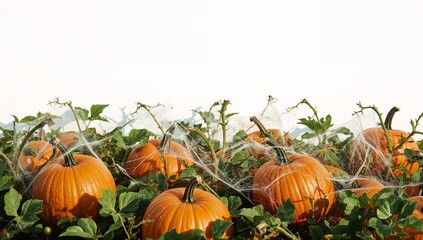 Obraz premium Ripe pumpkins resting in a lush green patch, covered in delicate cobwebs for a festive autumn or Halloween theme