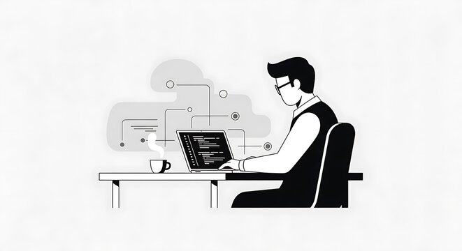 Minimalist black and white vector illustration of a male programmer coding on a laptop, symbolizing software development and cloud computing technology