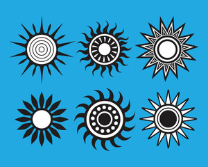 Collection of Abstract Sun Icons with Retro Black and White Design on Blue