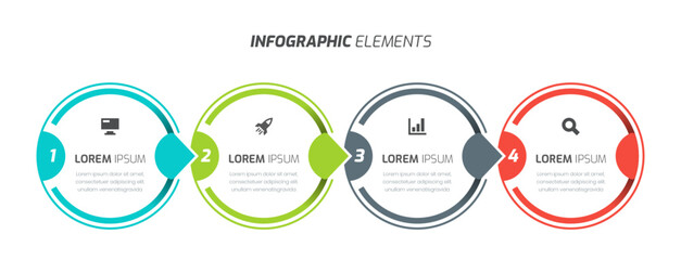 Circle Business Infographic Template with Lines, Icon and 4 Numbers for Presentation, Flowchart.