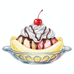 Watercolor Banana Split Ice Cream Dessert Illustration Isolated on White Background