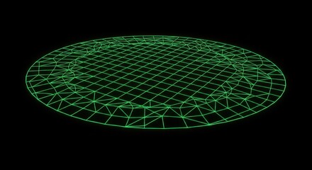Digitally rendered neon green wireframe disc floating on a black backdrop display