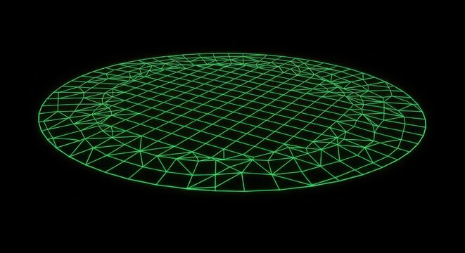 Digitally rendered neon green wireframe disc floating on a black backdrop display