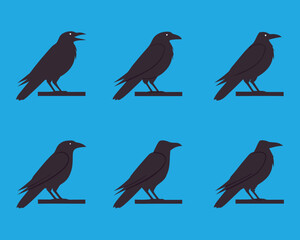 Fototapeta premium Minimalist Illustration of Six Black Crows Perched on Wood Against a Blue Background