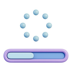 Loading spinner with circular dots and progress bar indicator, buffering and pending status for download, upload, install and update process, digital UI system element technology, 3d illustration