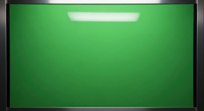 Modern green chroma key screen in a silver frame with a subtle top gradient illumination