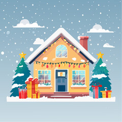 A small, cozy house covered in snow and Christmas lights, flanked by decorated trees and gifts. Perfect for winter holiday scenes